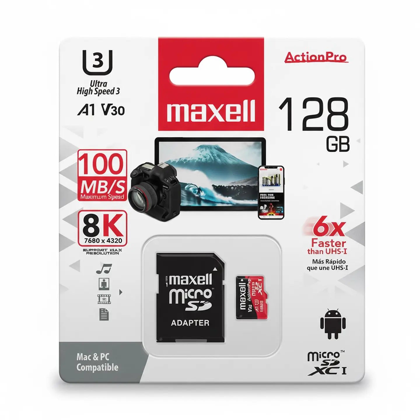 Tarjeta MicroSD Maxell 128GB UH-3 8K 100mb V30