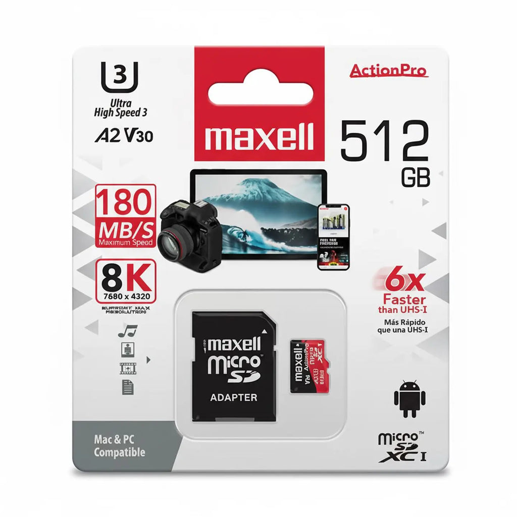 Tarjeta MicroSD Maxell 512GB UH-3 8K A2 180MB/S